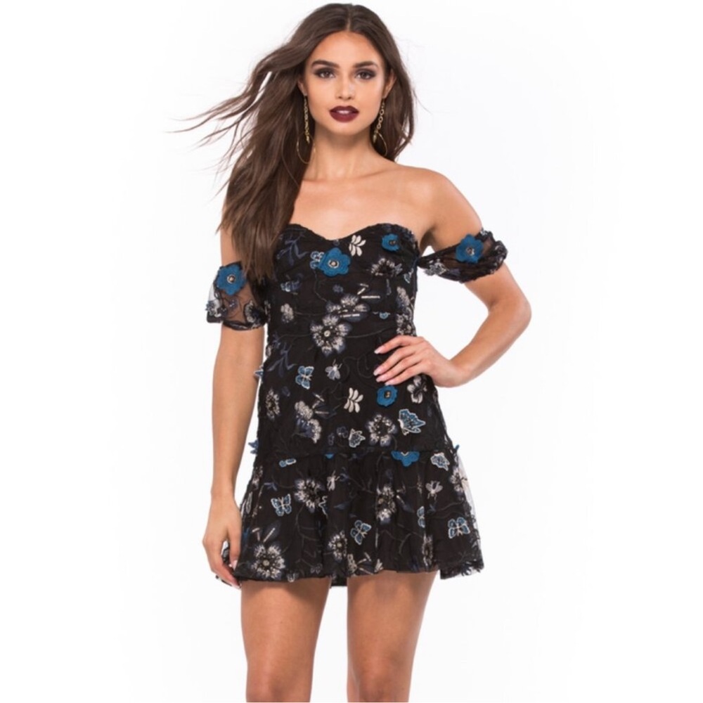 For Love & Lemons Botanic Mini Black Dress Butterfly Embroidered Size XS